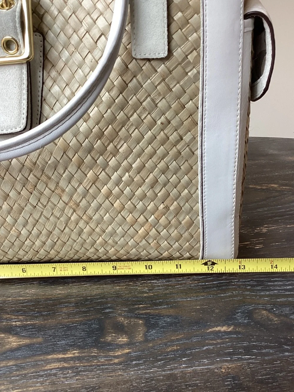 Coach White Leather Suede and Natural Woven Straw Tote with Gold Hardware - Picture 13 of 15